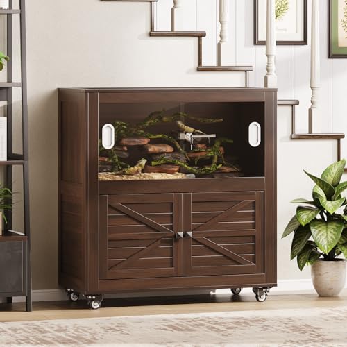 Reptile Terrarium with Stand, 40 Gallon Reptile Tank with Large Storage Cabinet and Ventilated Metal Mesh Top, Walnut - color: Walnut