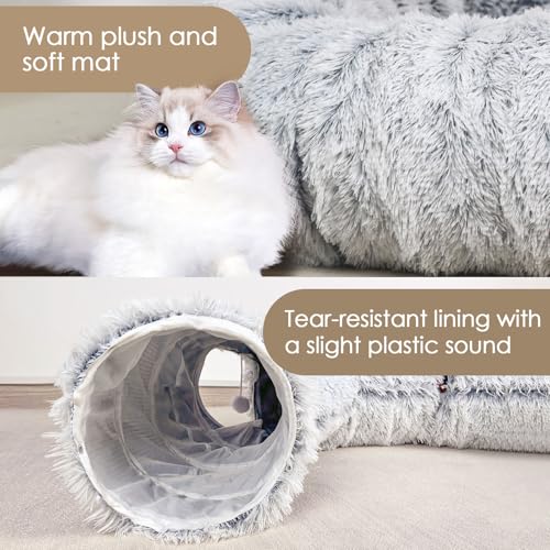 Baseola Fuzzy Cat Tunnel Bed for Indoor Cats, 2-in-1 Interactive Cat Toys | Peekaboo Cat Cave with Washable Mat, Collapsible Cat Play Tunnel for Kittens & Small Pets, Plush Cat Donut Bed Tunnel, Grey - color: Grey