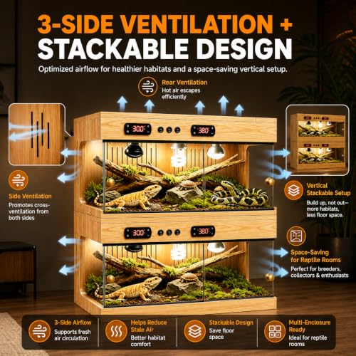 Reptile Terrarium for Lizard Tortoise Snake – Dual Thermostat Reptile Enclosure Stackable Wooden UV Coated with Ceramic Lamp Holder, Waterproof Easy Clean 3-Side Ventilation Anti-Escape (32x16x16 in) - size: 32x16x16 in