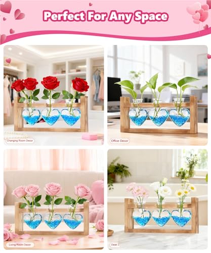 Plant Terrarium with Wooden Stand, 3 Heart Bulb Glass Vases | Wooden Stand Tabletop for Air Planter, Gifts for Mom Plant Lovers Mom Women Wife Grandma - color: Transparent