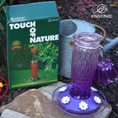 Kingsyard Glass Hummingbird Feeder for Outdoors with Ant Moat | 24 oz, Wide-Mouth Opening, 6 Metal Feeding Ports, Bee Guard, Easy to Clean & Refill Nectar, 360 Degree Perch, Pink & Purple - color: Pink & Purple