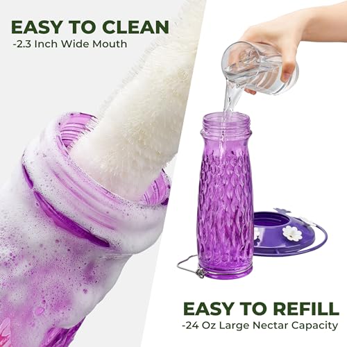 Kingsyard Glass Hummingbird Feeder for Outdoors with Ant Moat | 24 oz, Wide-Mouth Opening, 6 Metal Feeding Ports, Bee Guard, Easy to Clean & Refill Nectar, 360 Degree Perch, Purple - color: Purple