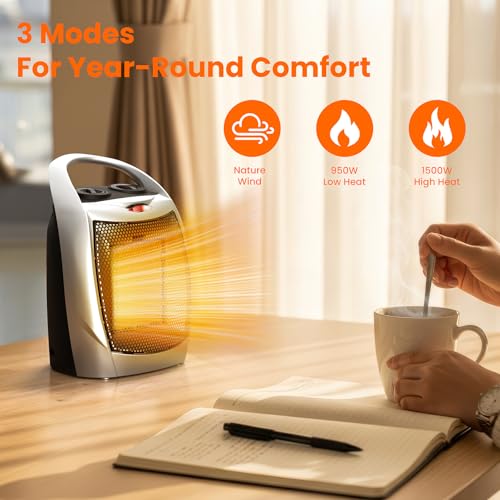 ZAFRO 1500W Portable Ceramic Space Heater for Indoor Use, 3 Modes Thermostat Adjustable, Tip-Over & Overheat Protection, Quiet Personal Heater (<45dB) for Office Desk Bedroom,(Silver) - color: Silver