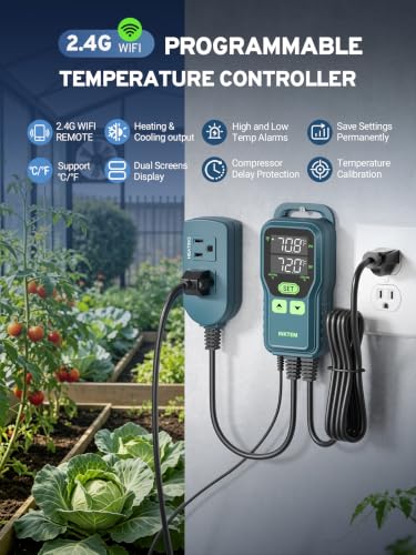WiFi Temperature Controller, Digital Thermostat for Greenhouse 1200W | Programmable Temperature Controlled Outlet Heating & Cooling -40~212℉ Fridge Compressor Delay, for Reptile Brewing Incubation - color: White