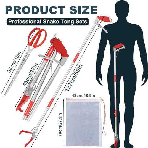 50in Multi-Functional Snake Grabber Tool Set,Collapsible Snake Catcher with Wide Jaw, Stainless Steel Snake Tongs with Non-Slip Grip Handle