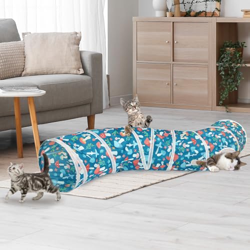 Glittme S-Shape Cat Tunnel, Foldable Cat Tunnels for Indoor Cats | Interactive Bunny Tunnel And Cat Tubes With Crinkle Sounds. Ideal For Kittens, Ferrets And Small Pets To Hide, Play Or Rest - color: Blue Mushroom