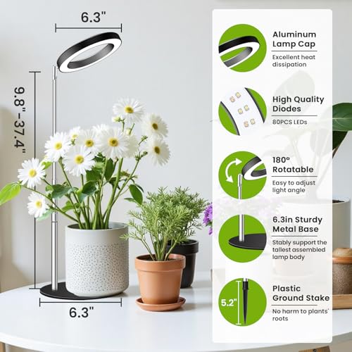 Kullsinss 6.3in Plant Lights for Indoor Growing, 80 LEDs Full Spectrum | Black Desk Plant Light with 2 Mounting Options, 6/12/16H Timer & 5 Dimmable Levels, 37in Height Adjustable Plant Growing Lamp - color: Black-6.3in, size: 1 Pack