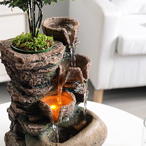 Haobos Indoor Fountain 4-Bowl Rockery Soothing Sound Tabletop Fountains Home/Office Decor with a Small Plastic Pot to Grow The Plant by Yourself(Automatic Watering)