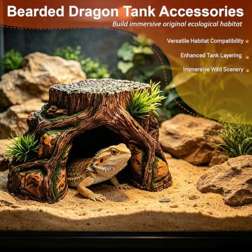 Bearded Dragon Tank Accessories, Bearded Dragon Hide Cave with Basking Platform, Simulated Rock Tree Stump Terrarium Decoration, Suitable for Lizards, Snakes ande Turtles - color: Roots & Rocks, size: L