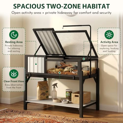 Modern Black & White Tortoise Habitat, 2-Zone Wooden Reptile Enclosure with Adjustable Lamp Stand, Storage Shelf, Acrylic Viewing Window for Tortoises, Geckos & Small Reptiles - color: Black & White