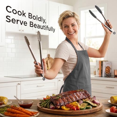 Kitchen Mama DuoEssentials Cooking Tongs Set, Metal Gray | 12" Silicone Tip & 14" Stainless Steel, BBQ Grill Tongs, Locking Ring, Heat Resistant, Non Stick & Dishwasher Safe - color: Metal Gray