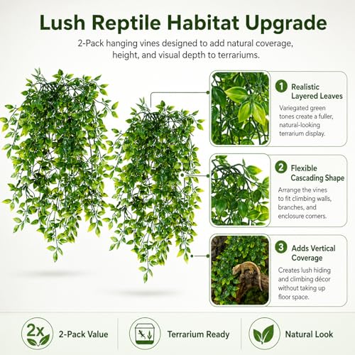 Mechpia Reptile Plants, 2 Pieces Terrarium Snake Hanging Plants Vines Decor Artificial Leaves Tank Accessories for Bearded Dragon Crested Gecko Snake Chameleon - color: 2 Pack
