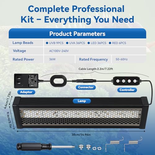 UVA UVB Reptile Light,15Inch Full Spectrum LED Reptile UVB Lamp for Bearded Dragons,Turtles,Geckos,Chameleons,Lizards,Snakes,12000H Long Lifespan Adjustable Timer Calcium Absorption Lamp for Terrarium - size: 15Inch