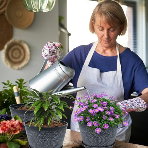 Quarut 10 Inch Flower Pots Planters for Outdoor Indoor, 3 Pack Plastic Plant Pots with Drainage Hole & Tray, Modern Decorative Garden Pot with Saucer, planters for House (Gray) - color: Gray, size: 10 Inch