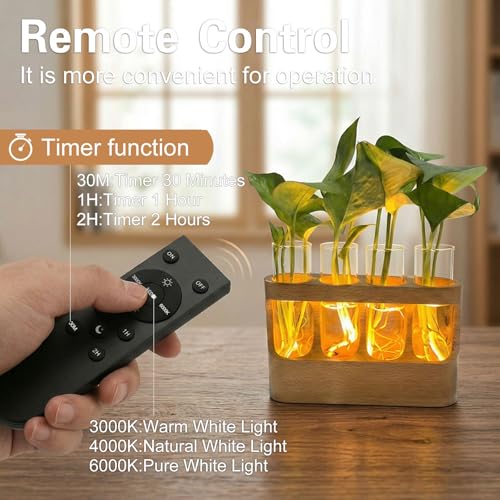 Plant Propagation Station with LED Grow Light, Rechargeable Wooden Desktop Planter Terrarium with 4 Glass Test Tubes, Remote Control 3 Color Temperatures & Dimmable, for Home Office Decor