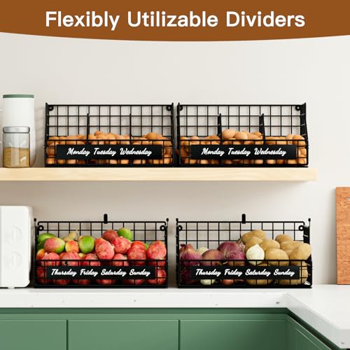 Egg Basket, Stackable Wall Mount Egg Holder Countertop with Weekday Labels | Rustproof carbon steel basket with adjustable dividers, ideal for backyard poultry, small kitchen & pantry storage, Black - color: Black, size: 2-Tier(with printed labels)