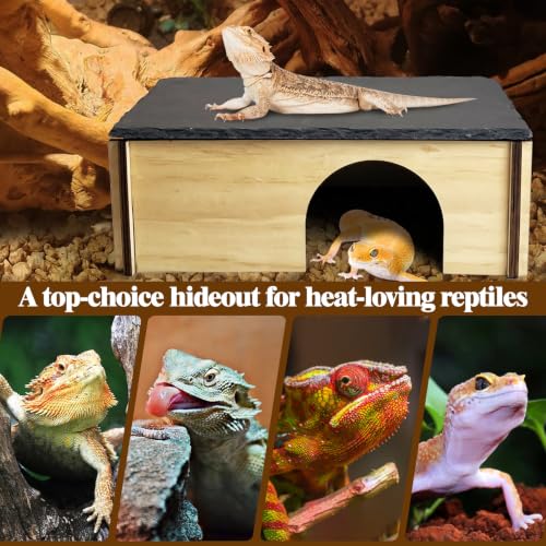 Tfwadmx Bearded Dragon Basking Platform with Hideout Wooden Lizard Hideout Reptile Slate Rocks Basking Platform with Hiding Cave Tank Accessories for Lizards Snakes Tortoise - size: Style 2: 11.8" x 7.9" x 3.9"