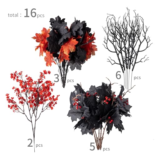 16pcs Fake Plants Outdoor, Halloween Maple Leaves Branch, Autumn Artificial Plants with Black Maple Leaves, Faux Leaves Spray for Halloween Thanksgiving Home Deocr - color: Halloween Black and Red