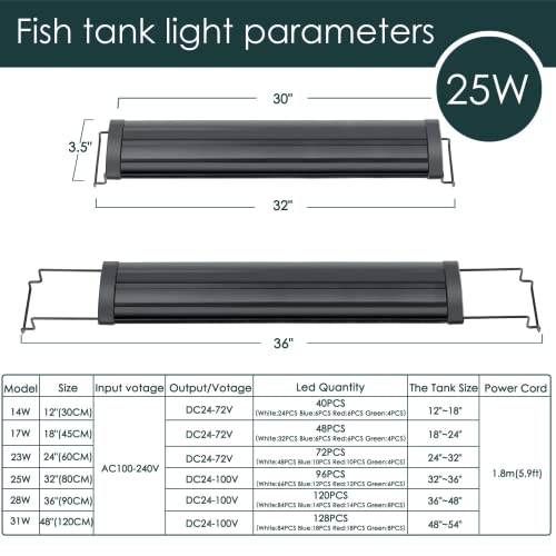 AQQA Aquarium Light,Full Spectrum LED Fish Tank Lights | 12"-54" Adjustable Multi-Color White Blue Red Green LEDs with Extendable Brackets,14W-31W for Freshwater Plants 25W (32"-36") - size: 25W (32"-36")