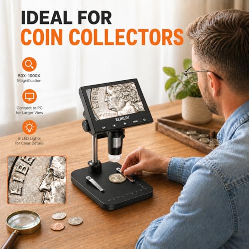 Elikliv Coin Microscope, 4.3'' LCD Digital Microscope 1000x, Coin Magnifier with 8 Adjustable LED Lights, PC View Compatible with Windows/Mac, EDM4B, Black - color: Black