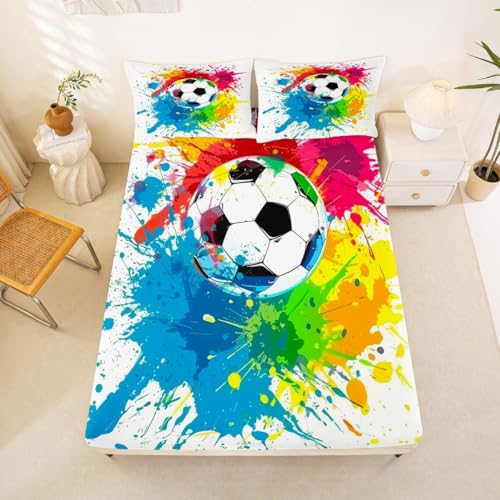 Erosebridal Soccer Bed Sheets Football Fitted Sheet Twin Size,Colorful Tie Dye Sheets for Kids Boys Girls Adults Sport Ball Game Bed Set - color: Blue Green Yellow, size: Twin (No Top/Flat Sheet)