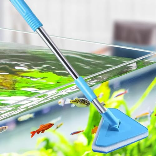 Fish Tank Scrubber - Telescopic Handle Cleaner, Long Reach Algae Scraper for Aquarium Glass, Durable Cleaning Tool for Terrarium Pond and Kitchen Surfaces, Adjustable Handle for Easy Maintenance and D