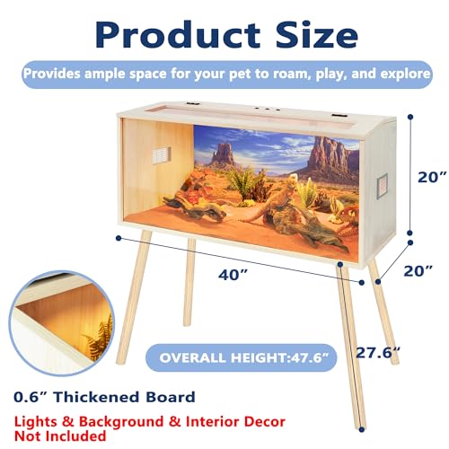 63 Gallon Reptile Tank, Tempered Glass Bearded Dragon Tank with Wooden Roof and Lockable Doors, Large Lizard Habitat for with Built-in Lamp Fixture Snakes, Iguanas, Chameleons (Oak) - color: Oak, size: 63 gallons,40x20x20 inch