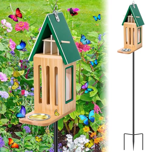New Upgraded Butterfly House and Feeder for Outside Wooden Butterfly House | with Metal Stake for Garden Backyard, Natural Butterflies Habitat with Puddler on Floor or Hanging on Tree Wall