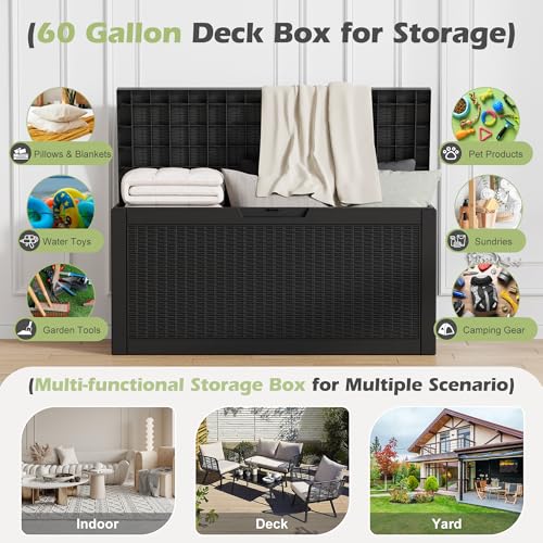 Outdoor Storage Box, Resin Deck Boxes Indoor and outdoor, Waterproof Storage Box Lockable Lid (Black, 60 Gallon) - color: Rattan Black, style: 60 Gallon