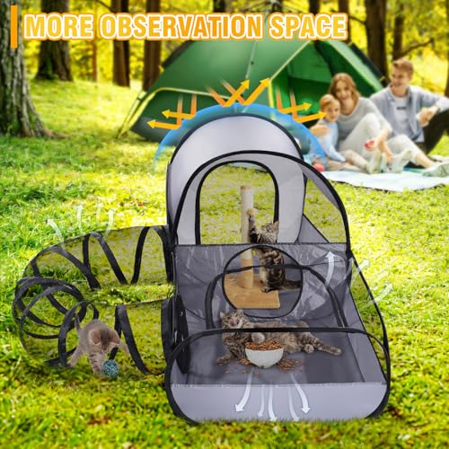 Tailtastic Indoor/Outdoor Cat Playpen with Surround Tunnel 2 Zones Grey | escape-proof enclosed enslosure,lightweight foldable for travel, ideal for indoor cats, multi-cat homes & birthing - color: GREY