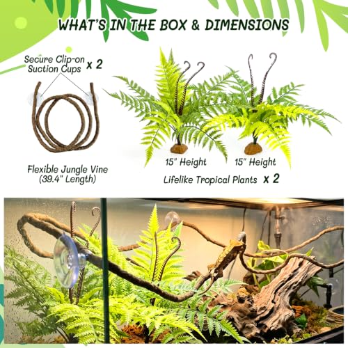3 Pcs Reptile Plants for Tank Habitat Decor Kit – Reptile Plants Jungle Canopy Leaves with Hanging Vine, Resin Stone Base – Blechnum Gibbum Tree Fern for Snake Geckos Chameleon Amphibian - color: Tropical Forest Fern