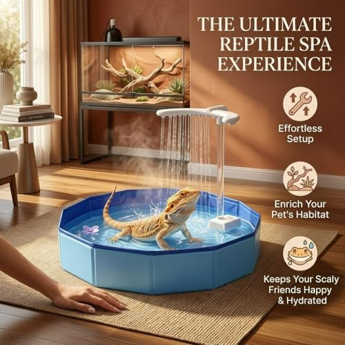 Trynellis Large Electric Bearded Dragon Pool with U-Shaped Shower - 19.7" Foldable Bearded Dragon Bathtub & Automatic Water Dispenser - Anti-Leak, Swimming Bath Accessories for Lizards & Turtles
