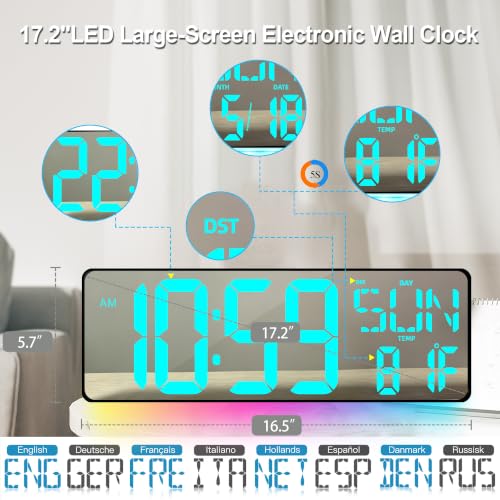 17.2-Inch Large Mirror Digital Wall Clock with Remote Control, RGB Mood Light, Extra-Large LED Display, Auto Dimming,Date, Day, Temp, Countdown Timer for Home, Gym, Office and Classroom (Ice Blue) - color: Ice Blue