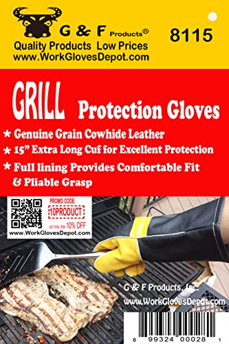 G & F Products Leather Heat-Resistant BBQ Gloves, Kevlar Stitch, 1 Size - style: Grain Finish Back/Suede Finish Palm.