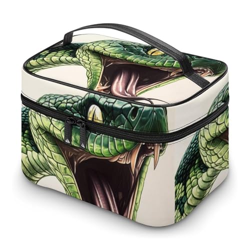 Green Snake Makeup Bag Cosmetic Case Organizer Box | portable handle,divider for skincare and brushes,large capacity,PU leather