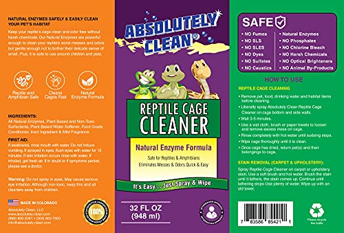Absolutely Clean Amazing Reptile & Amphibian Terrarium Cleaner and Deodorizer - Just Spray/Wipe - Safely & Easily Removes Reptile & Amphibian Messes - USA Made (32oz Spray Bottle - Save 25%) - size: 32 Fl Oz (Pack of 1)