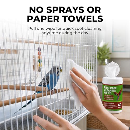 Bird Cage Cleaning Wipes, Unscented Bird Cage Cleaner Wipes for Parrot, Parakeet, Finch & Small Birds, Quick Spot Cleaning for Cages, Perches, Feeders & Trays, 2 Pack 120 Wipes