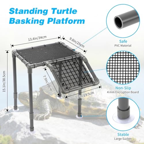 SKARUS Large Standing Turtle Basking Platform Dock for 40-125 Gallon | Adjustable Height 6.5"-15.2", 13.4"x9.8" Top Surface, Non-Slip Climbing Ramp, for Reptiles, Frogs, Amphibians - color: Grey, size: 13.4"W