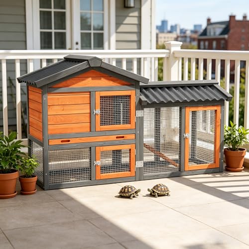 Large Tortoise Habitat House Indoor Outdoor Wooden Turtle Hidden Enclosure with Ventilating Wire Fence Reptile Lounge Cage for Small Animals (Brown2) - color: Brown2