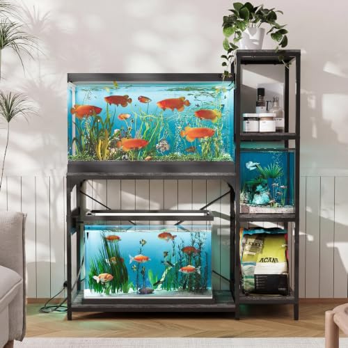 VOWNER 20-29 Gallon Fish Tank Stand with Power Outlet, Wood Aquarium Stand with Shelves for Fish Tank Accessories Storage, Heavy Duty Metal Frame, Turtle Reptile Terrarium Stand, Load 500lb, Grey - color: Grey