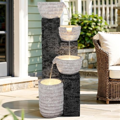 40" H Multilayer Cascading Outdoor Water Fountain with LED Lights & Pump, Sand-Textured Polyresin Freestanding Garden Fountain for Tranquil Garden, Patio or Porch | Unique Sand-Textured Polyresin Freestanding Garden Fountain for Garden, Patio or Porch - c