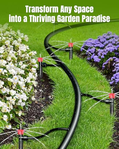 Pawfly 60 Pcs Push-to-Fit Drip Irrigation Emitters for 1/4 Inch Tubing, Drip Emitters Sprinklers with Stake & 8 Holes, Drip Irrigation System Parts with Adjustable Water Flow Irrigation Drippers, Red - size: 60PCS Drip Irrigation Vortex Emitters