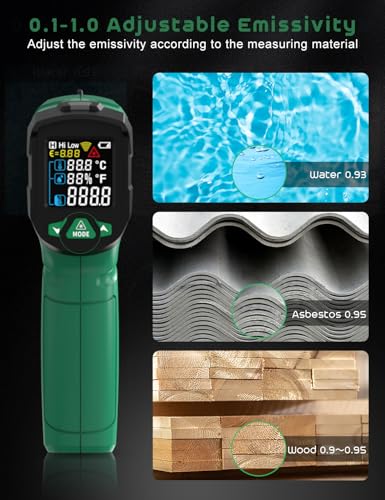 Infrared Thermometer Gun,SQECH Laser Thermometer Gun -58℉~1472℉(-50℃~800℃),Temperature Gun with Ambient Temperature&Humidity/Adjustable Emissivity/Color Backlight for Cooking, Oven,Engine,HVAC - color: Green(-58℉~1472℉)