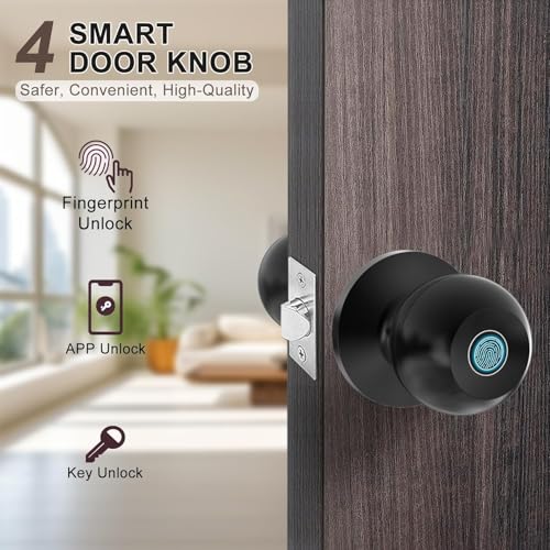 Fingerprint Door Knob Lock with App Control & Key, Smart Biometric Door Lock for Bedroom & Front Door, Type-C Emergency Charging, Keyless Entry for Home Apartment Office (Black)