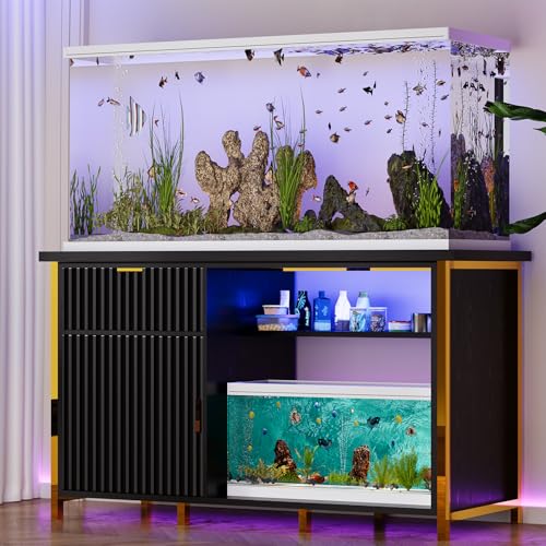 55-75 Gallon Fish Tank Stand, Aquarium Stand with LED Light, Black & Gold | 49 x 20 In Top, Modern Fluted Design, 2 Outlets, 2 USB Ports, Shelf Storage, Metal Frame Support, 1100 LBS, Turtle Tank Stand - color: Black and Gold