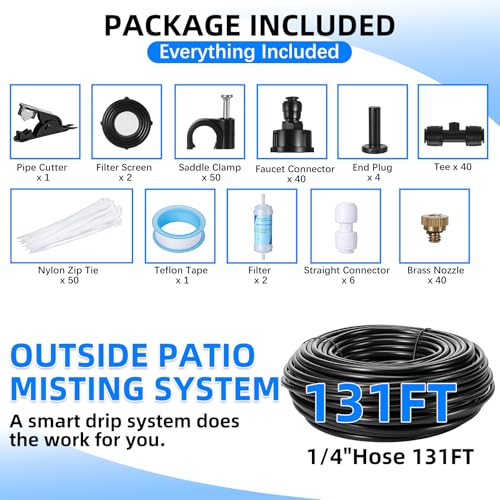 131FT Misters for Outside Patio, 40 Brass Nozzles + Water Filter + 3/4" Adapter, 40M DIY Portable Outdoor Misters Kit for Garden, Greenhouse, Patio, Porch, BBQ, Backyard, Yard, Trampoline Cooling