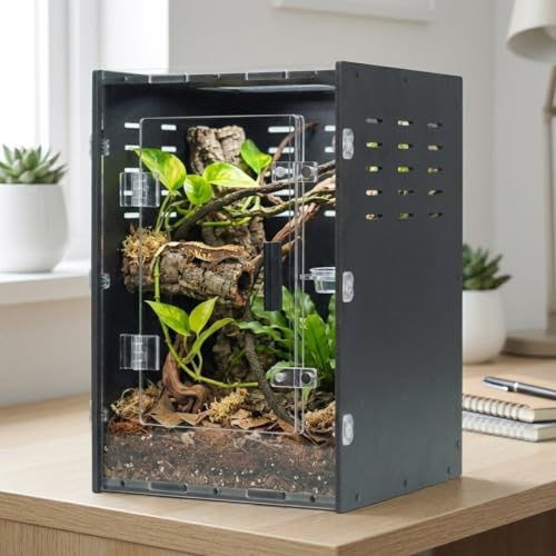 8x8x12 Black PVC Reptile Tank, Front Opening for Crested Reptiles | Black PVC cave-like interior, front-opening access, side ventilation holes, ideal for crested geckos, spiders & mantises