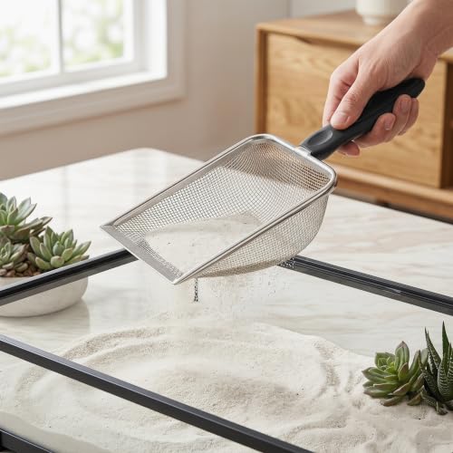 SHINEOFI Reptile Sand Scoop with Fine Mesh Litter Sifter, Stainless Steel Curved Shovel for Neat Collection and Cleaning in Snake Enclosures and Reptile Cages, Mesh Size 3.8x3.8mm
