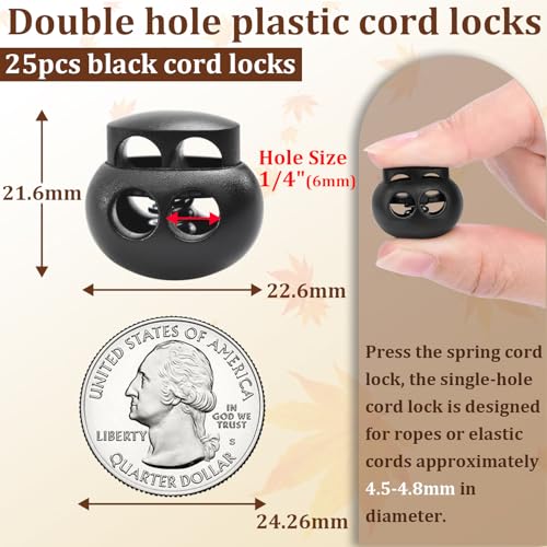25pcs Plastic Cord Lock for Paracord, Spring Cord Lock End Stopper Fastener Slider Double Hole Toggles Clip for Drawstrings Lanyard Paracord Elastic Bungee Shock Rope Shoe Lace Tie Locks Shoelace Clip - color: 25pcs Black