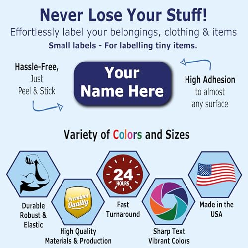 120 Small Personalized Waterproof Name Labels. Press and Stick Multi use Custom Mini Name Labels. Customized 2 Lines of Text and Color. Tiny Name Stickers with Permanent Self Adhesive. - color: 120 Small Labels - Colored Background